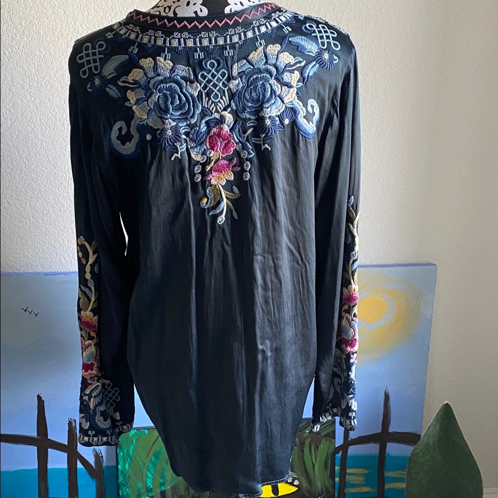 Johnny Was Black Top with Blue and Pink Floral Embroidery - Picture 2 of 7